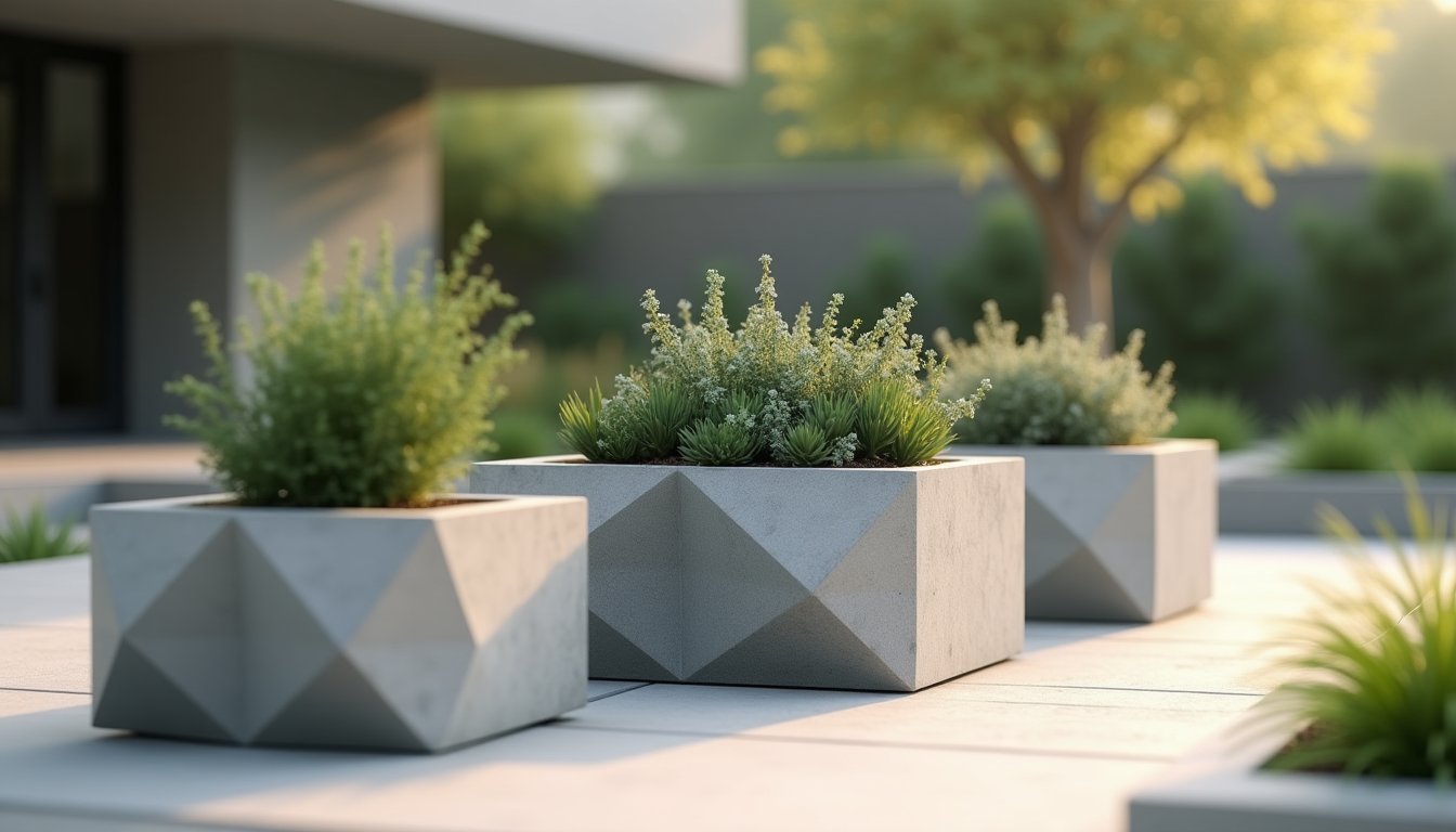 Donice betonowe z roślinami — beton w nowoczesnym ogrodzie