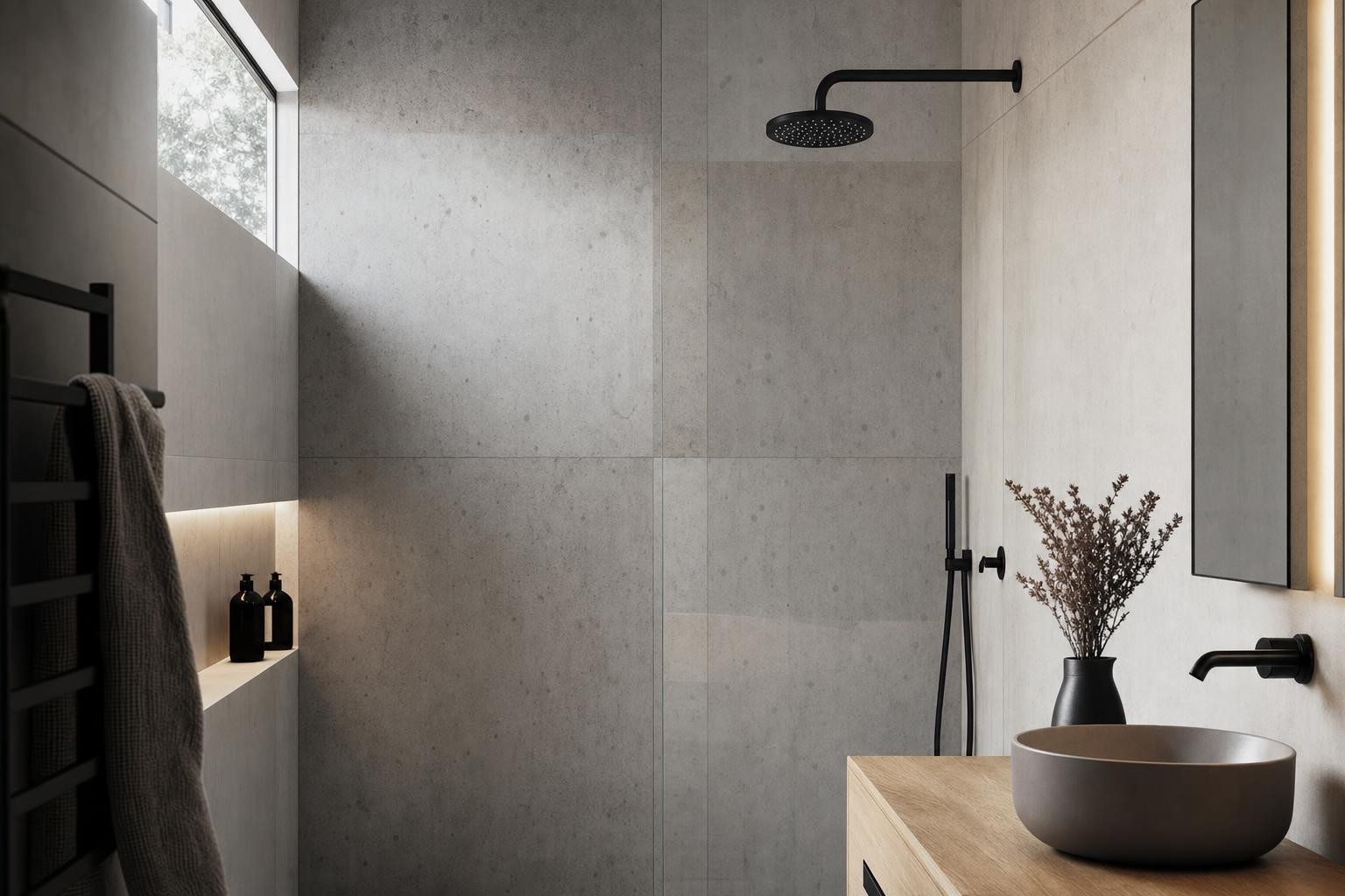 Beton architektoniczny łazienka — płyty betonowe w strefie prysznica