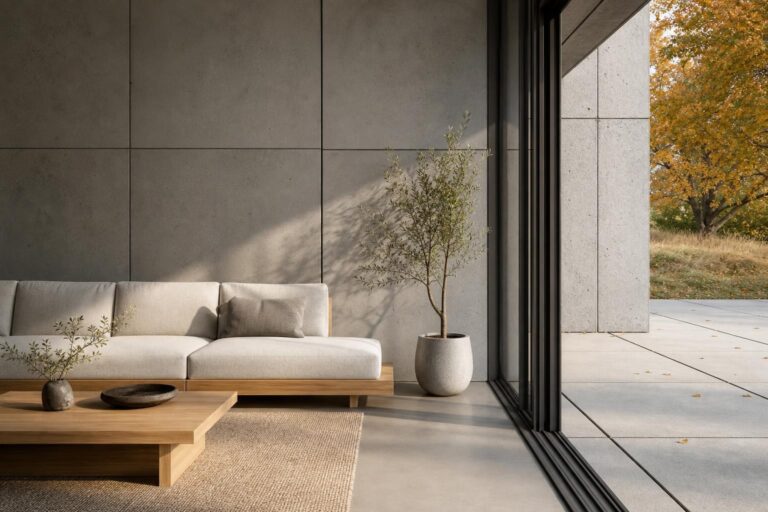 Beton architektoniczny płyty na ścianie i na tarasie